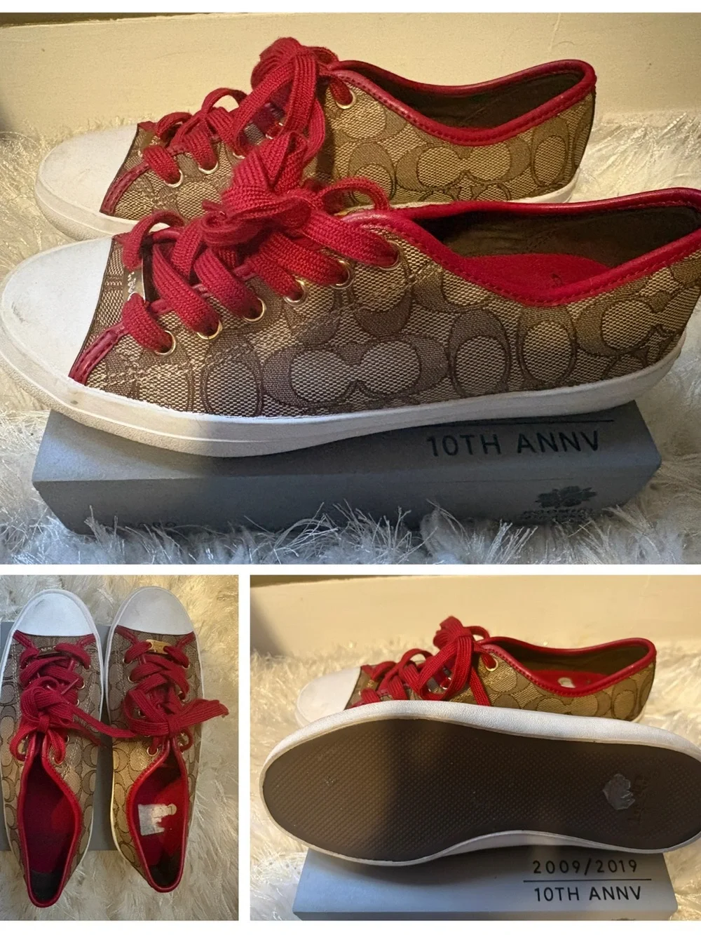 Coach Tan Signature Canvas Sneakers with Red Trim-Size 7.5